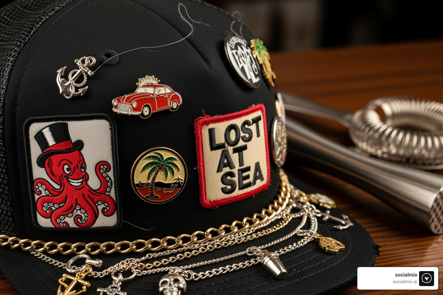 close-up shot showing detailed hat accessories like custom chains, pins, and unique patches on a trucker hat, with a bartender's muddler and strainer nearby - trucker hat bar