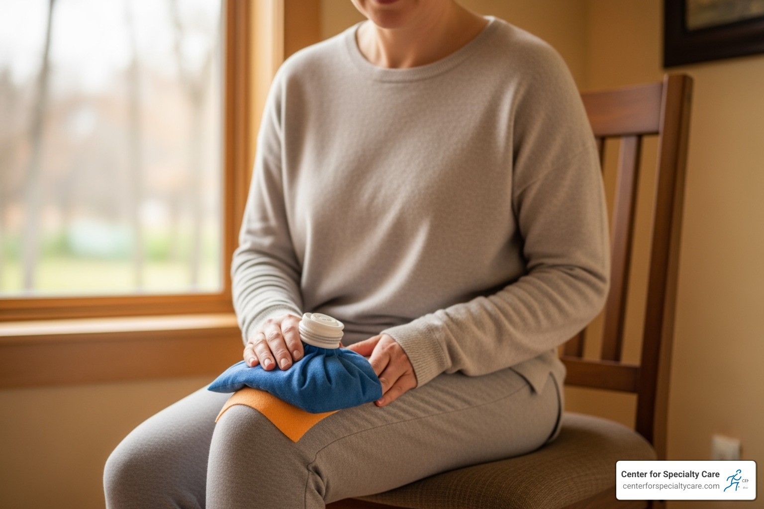 Person applying a warm compress to their knee - is heat good for patellar tendonitis