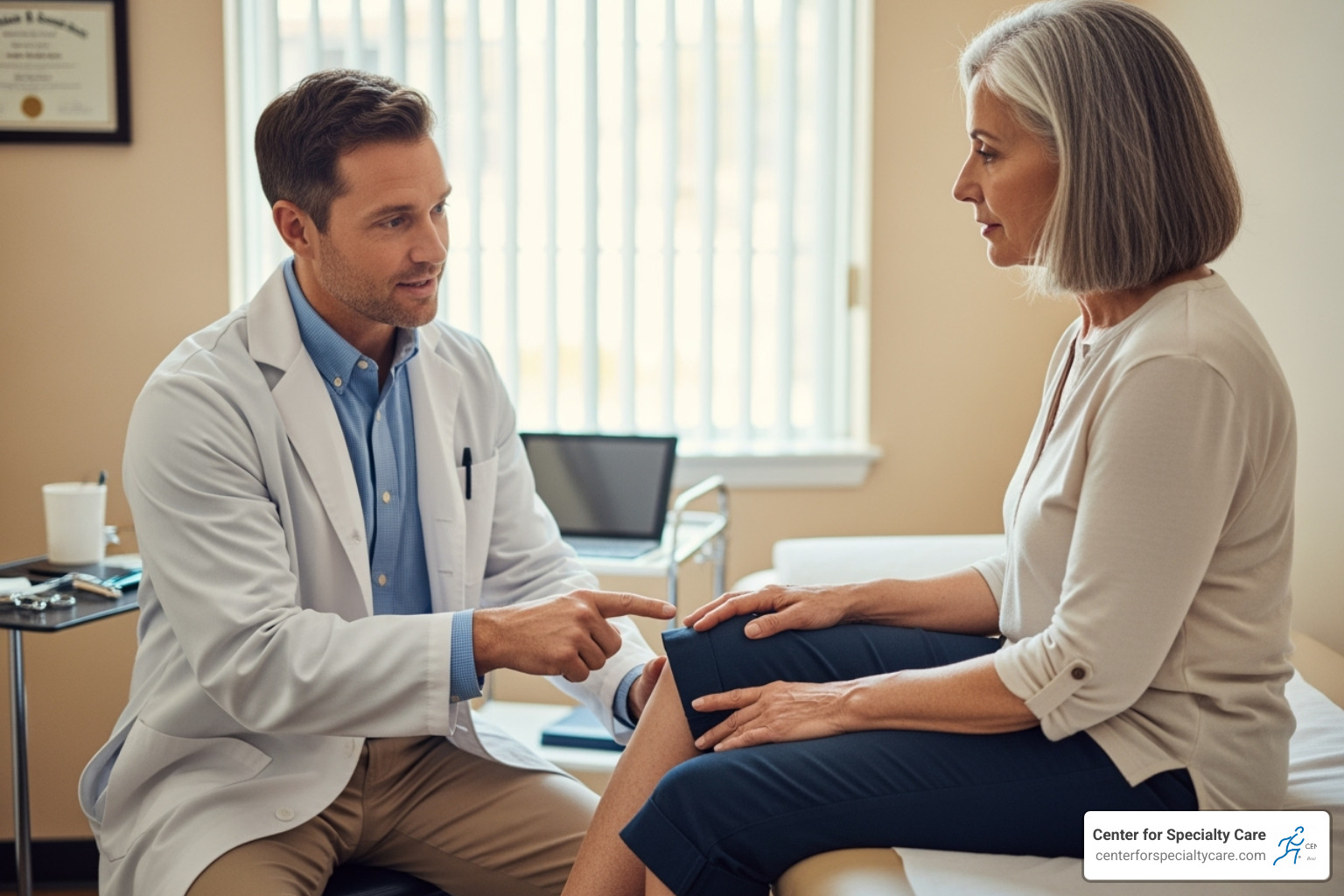 Doctor consulting with a patient about knee pain - is heat good for patellar tendonitis