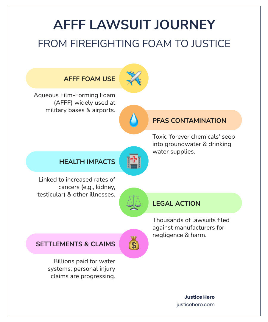 Detailed infographic showing the progression from AFFF foam use at military bases and airports, to PFAS contamination in groundwater and drinking water supplies, to health impacts including various cancers, leading to current litigation with settlement amounts for water systems versus pending personal injury claims - firefighting foam lawsuit settlements infographic infographic-line-5-steps-colors