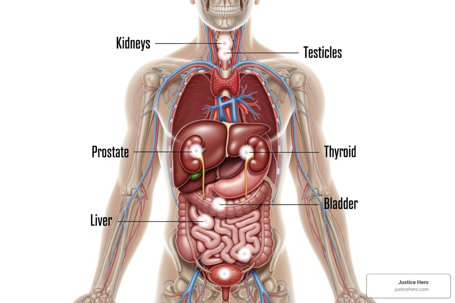 Image illustrating the primary organs affected by PFAS-related cancers, including kidneys, testicles, prostate, liver, thyroid, and bladder - firefighting foam lawsuit settlements