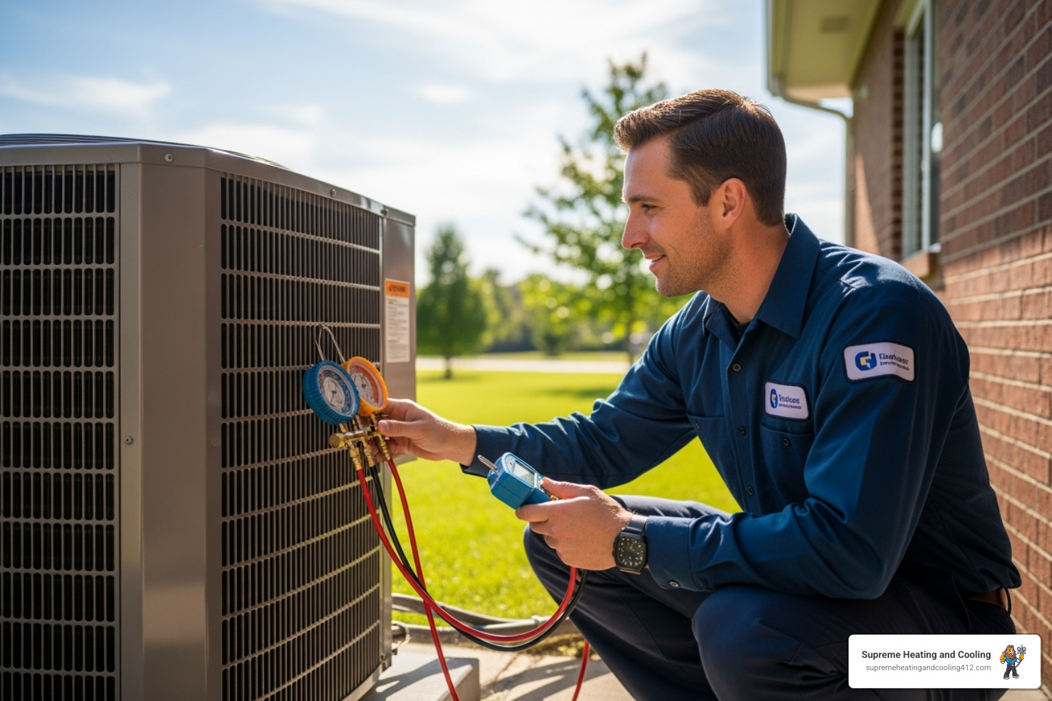 Friendly technician inspecting AC unit - Air conditioner maintenance