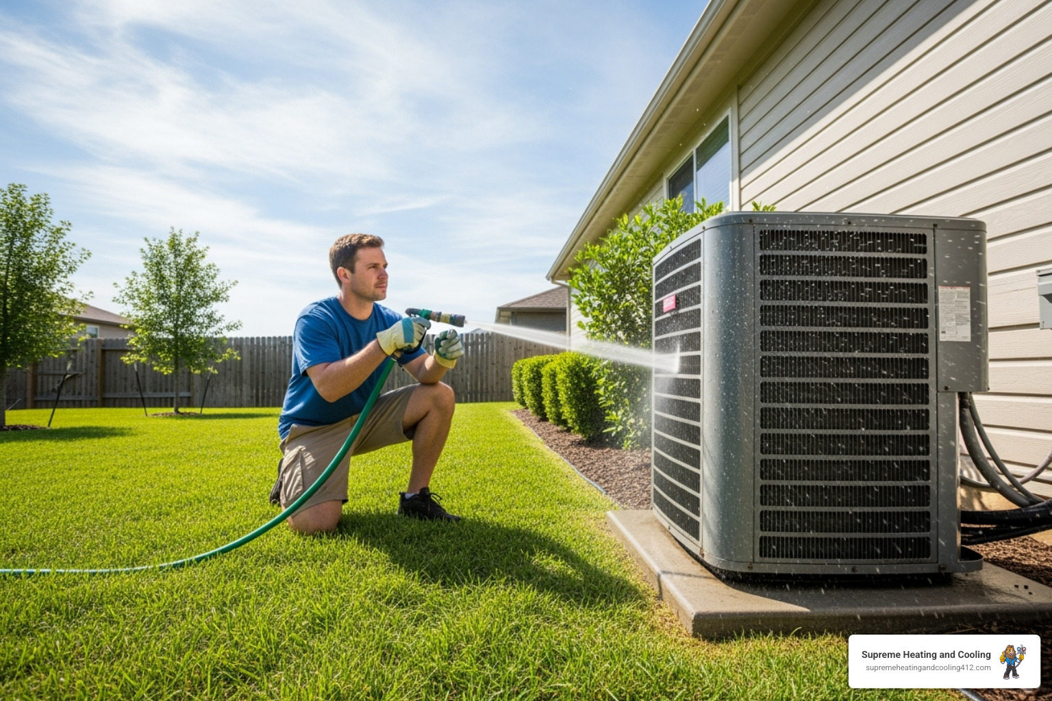 Homeowner cleaning outdoor condenser unit - Air conditioner maintenance