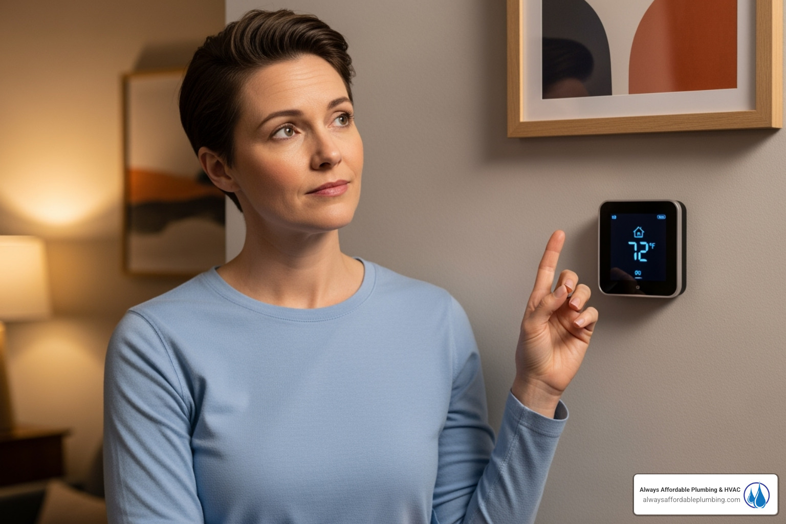 Homeowner looking thoughtfully at thermostat - ac maintenance elk grove