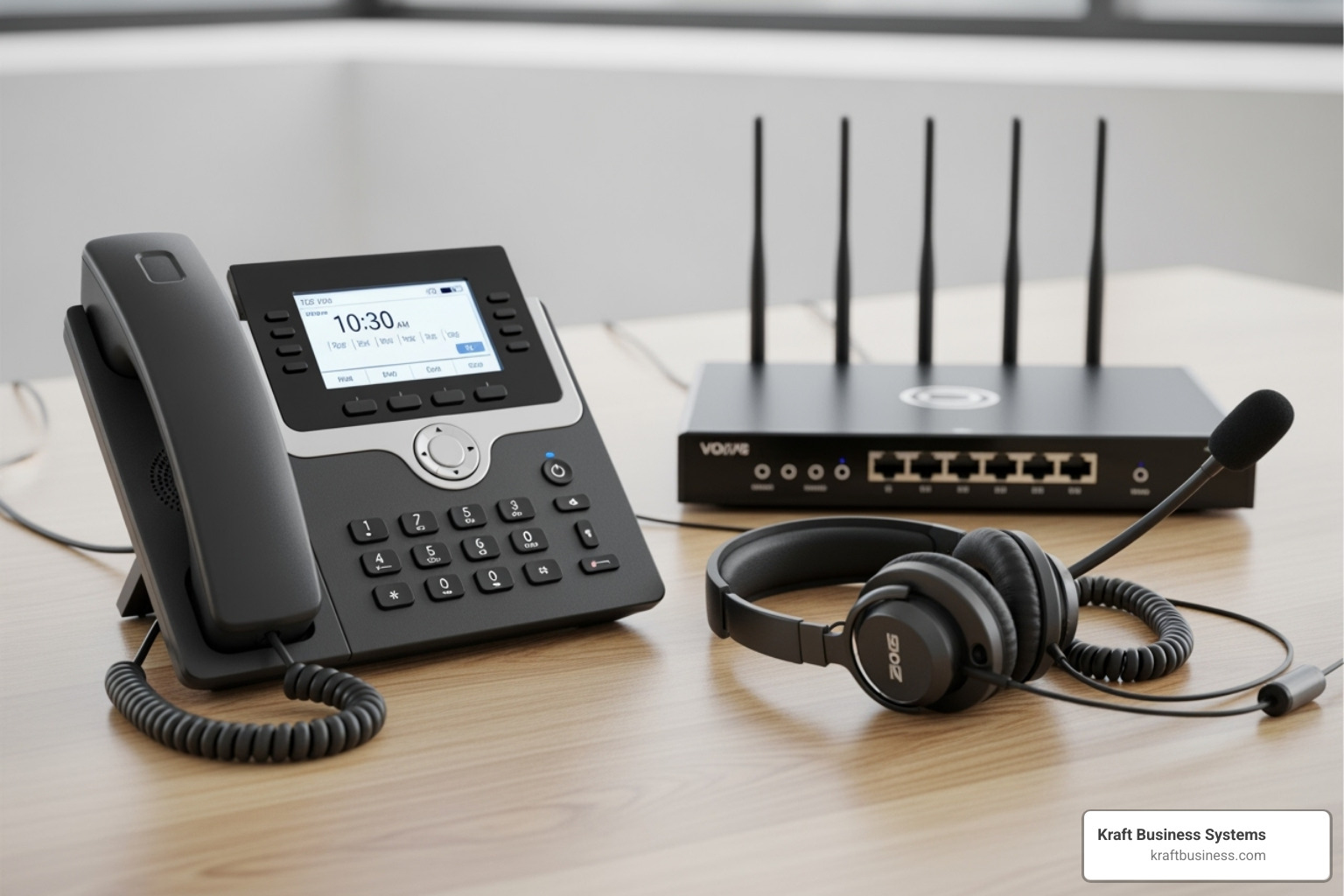 Essential VoIP hardware: an IP phone, a headset, and a router - office voip phone installation