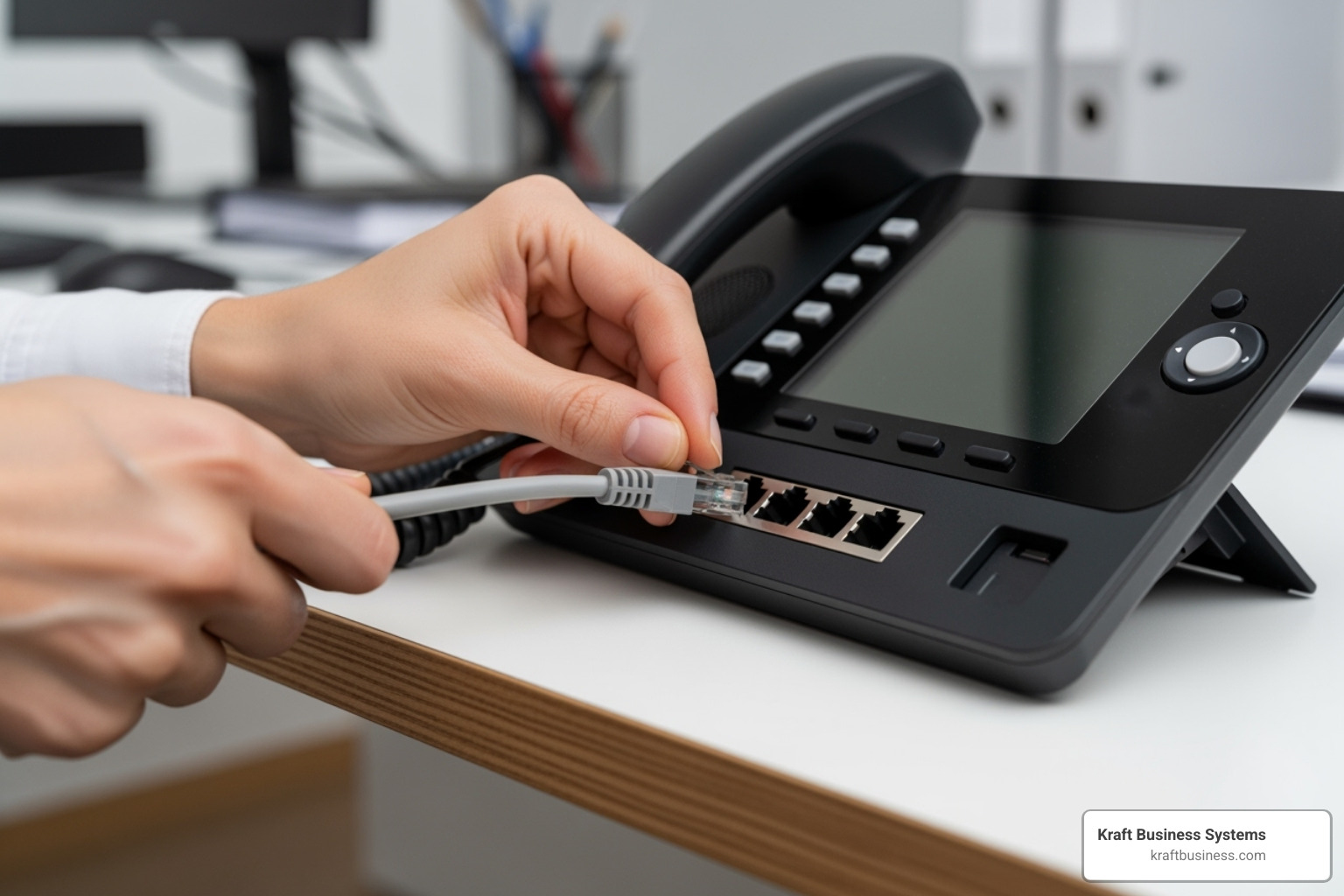 A person easily plugging an ethernet cable into a VoIP desk phone - office voip phone installation