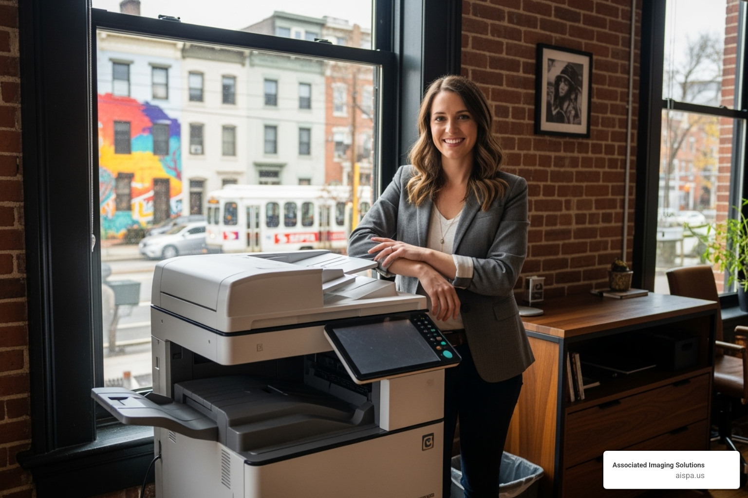 Small business owner in Fishtown looking confident next to a new copier - copier rental philadelphia