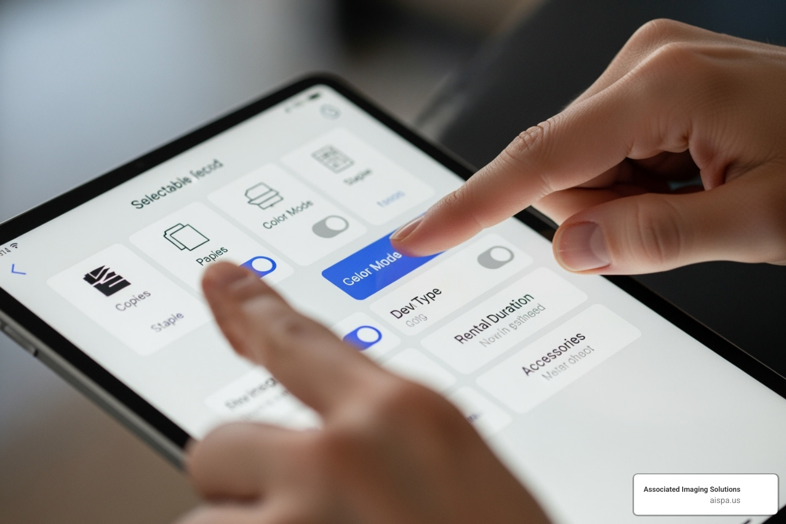 Person selecting copier features on a tablet screen - copier rental philadelphia