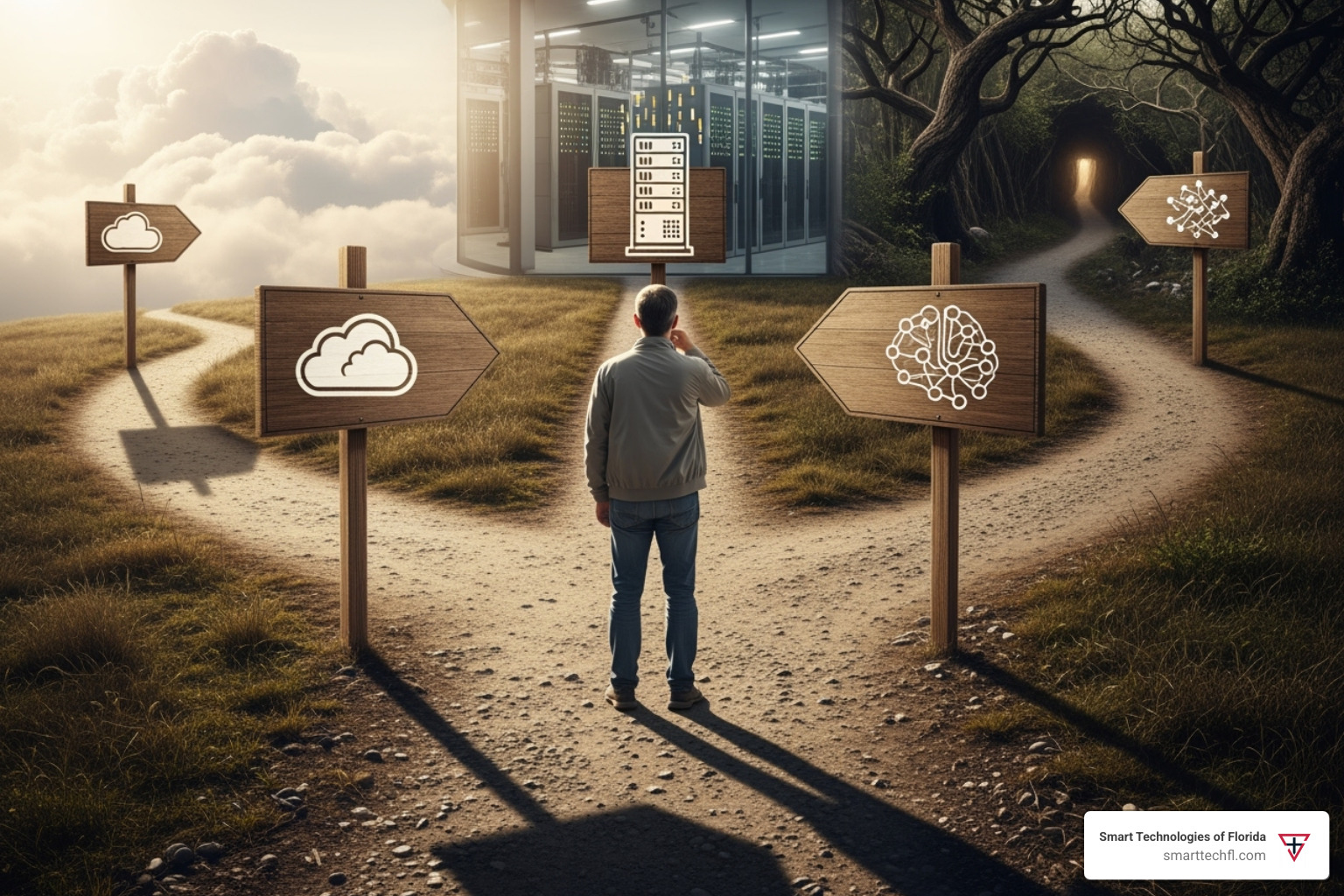A person stands at a crossroads, with signs pointing to different solution types: Cloud, On-Premise, and AI-Powered - email spam filtering solutions A person stands at a crossroads, with signs pointing to different solution types: Cloud, On-Premise, and AI-Powered - email spam filtering solutions
