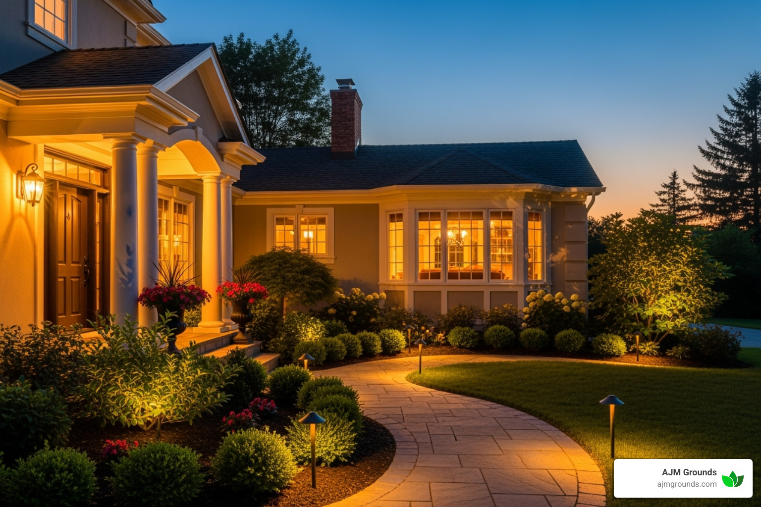A well-lit front yard at dusk, highlighting architectural features and pathways with warm, inviting light. - Front yard renovation