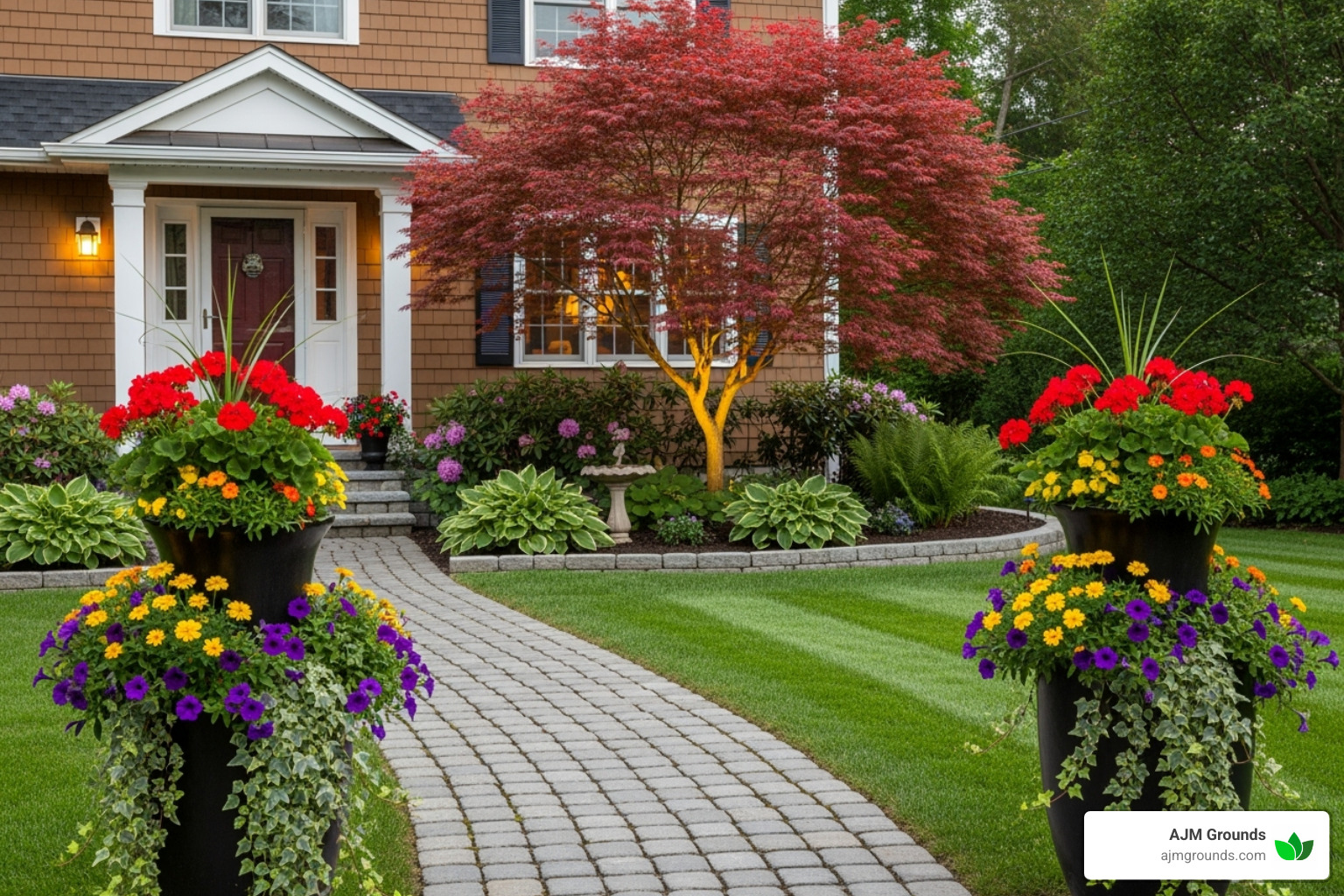 A front yard with vibrant seasonal planters, a statement ornamental tree, and lush foundation plantings creating a welcoming entry. - Front yard renovation