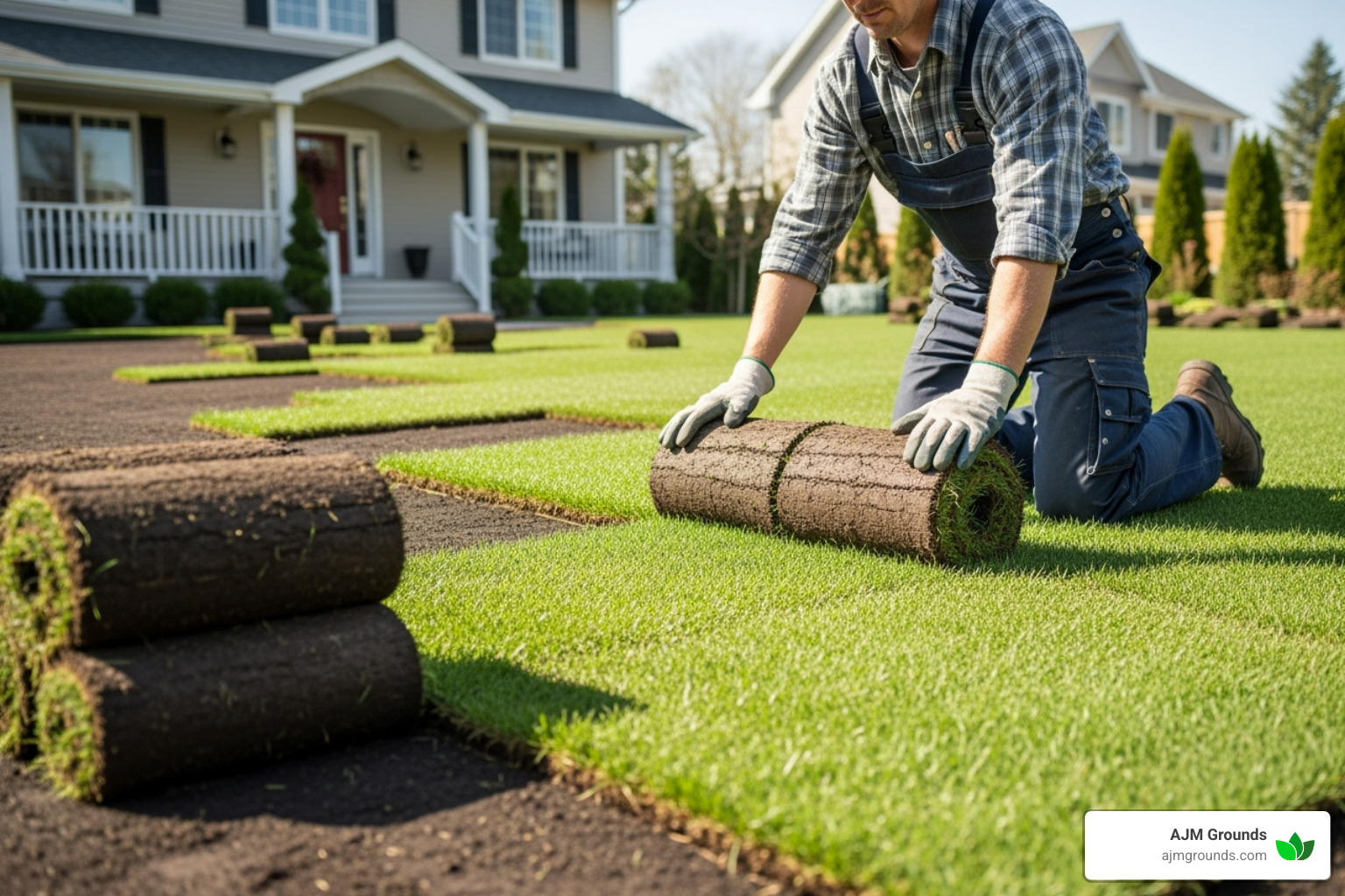 A gardener installing fresh sod on a newly renovated front yard, showing the instant impact of new turf. - Front yard renovation