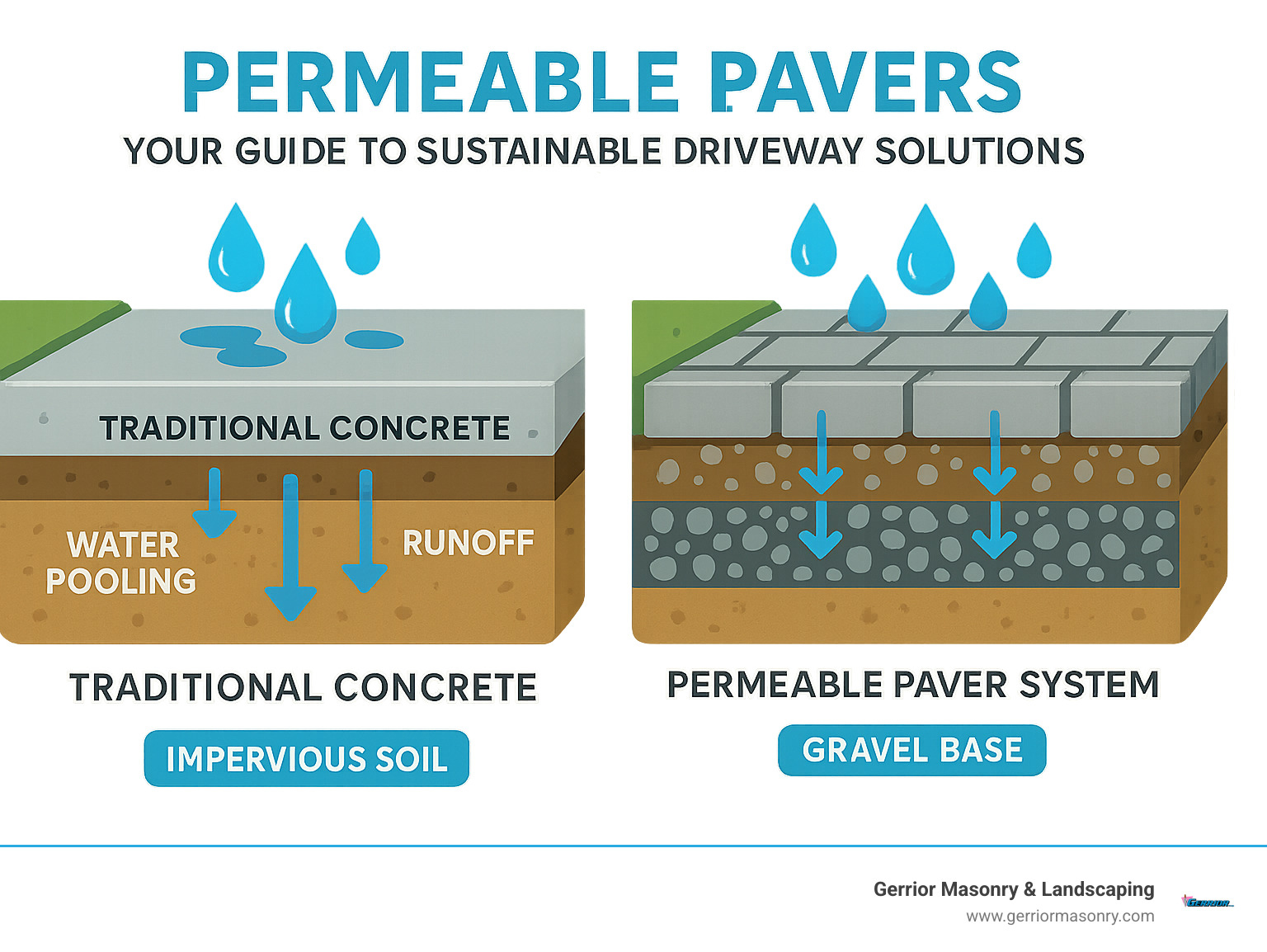 Detailed comparison infographic showing cross-section view of traditional concrete driveway with water pooling and runoff arrows versus permeable paver system with water infiltrating through joints into gravel base and soil below - eco-friendly driveway pavers infographic 