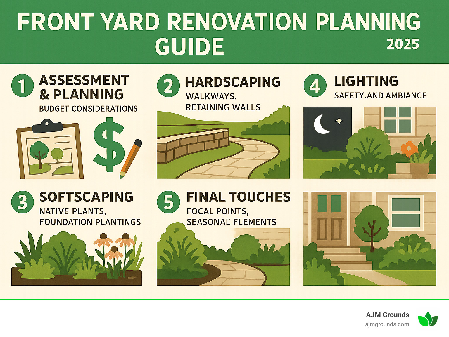 Comprehensive front yard renovation planning guide showing the sequential steps: assessment and planning phase with budget considerations, hardscaping installation including walkways and retaining walls, softscaping with native plants and foundation plantings, lighting installation for safety and ambiance, and final touches with focal points and seasonal elements - Front yard renovation infographic 