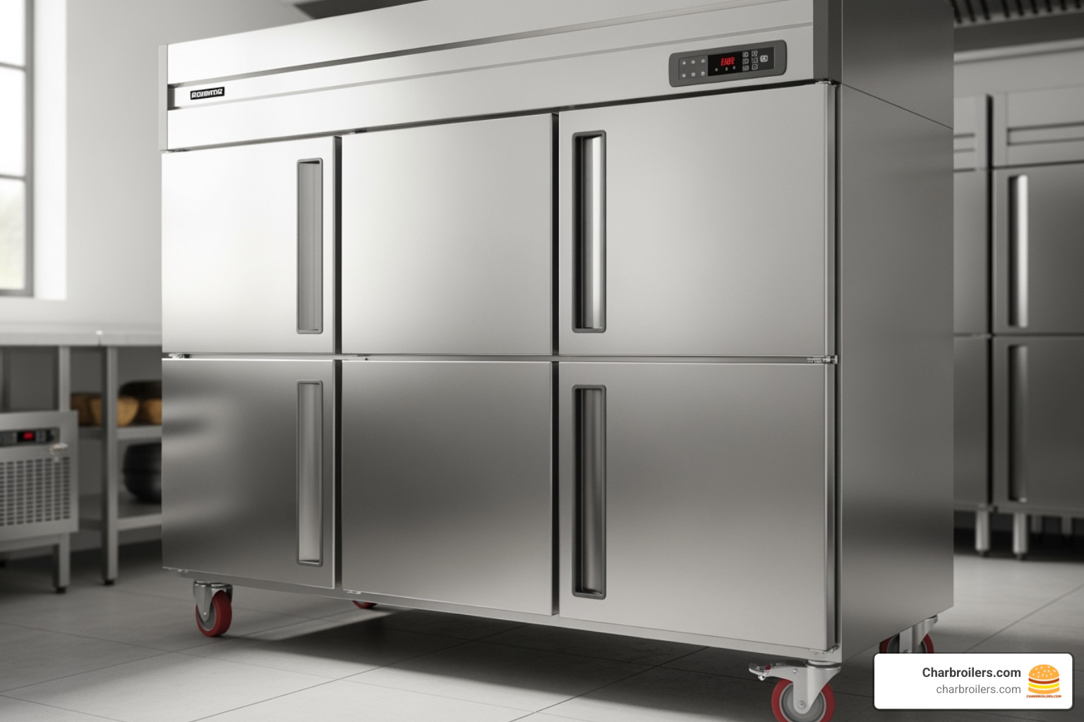 Stainless steel exterior of a Hoshizaki upright freezer, showing durable construction and casters - hoshizaki 4 door upright freezer Stainless steel exterior of a Hoshizaki upright freezer, showing durable construction and casters - hoshizaki 4 door upright freezer