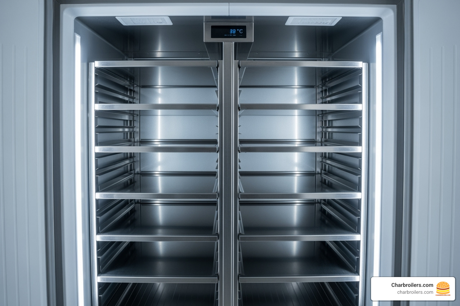Interior of a Hoshizaki 4-door upright freezer showing adjustable shelving and bright LED lighting - hoshizaki 4 door upright freezer Interior of a Hoshizaki 4-door upright freezer showing adjustable shelving and bright LED lighting - hoshizaki 4 door upright freezer