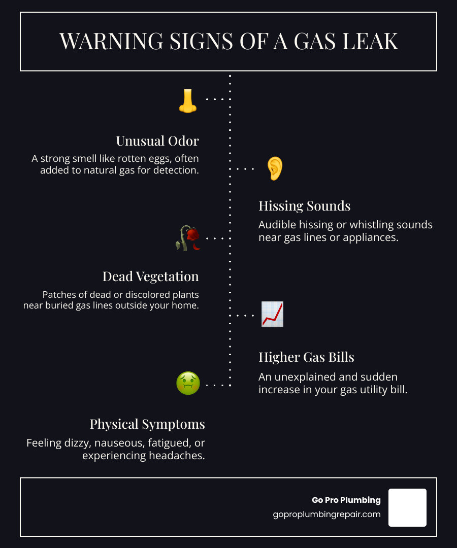 Infographic showing gas leak warning signs: rotten egg smell from natural gas, hissing sounds from escaping gas, dead or yellowing vegetation near buried lines, higher than normal gas bills, and physical symptoms like dizziness or nausea when near gas appliances - repair copper gas line infographic infographic-line-5-steps-dark