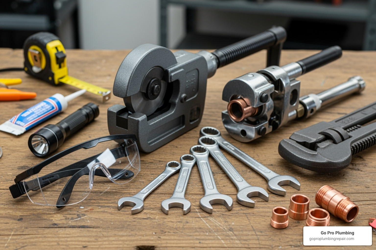 Image of a professional plumber's toolkit containing a pipe cutter, flaring tool, wrenches, and safety goggles - repair copper gas line