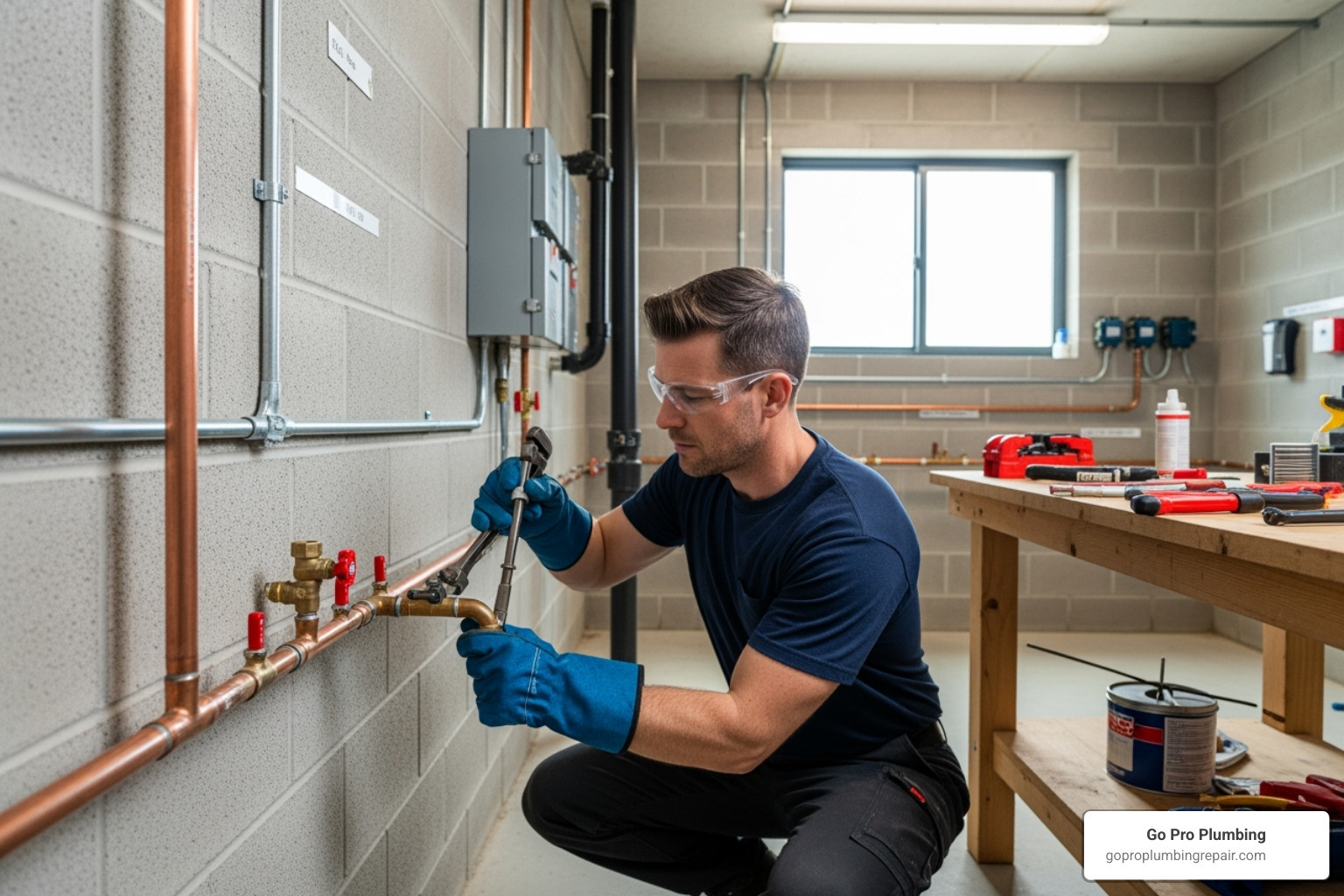 Image of a well-ventilated workspace with a professional plumber wearing safety gear and working on a gas line - repair copper gas line