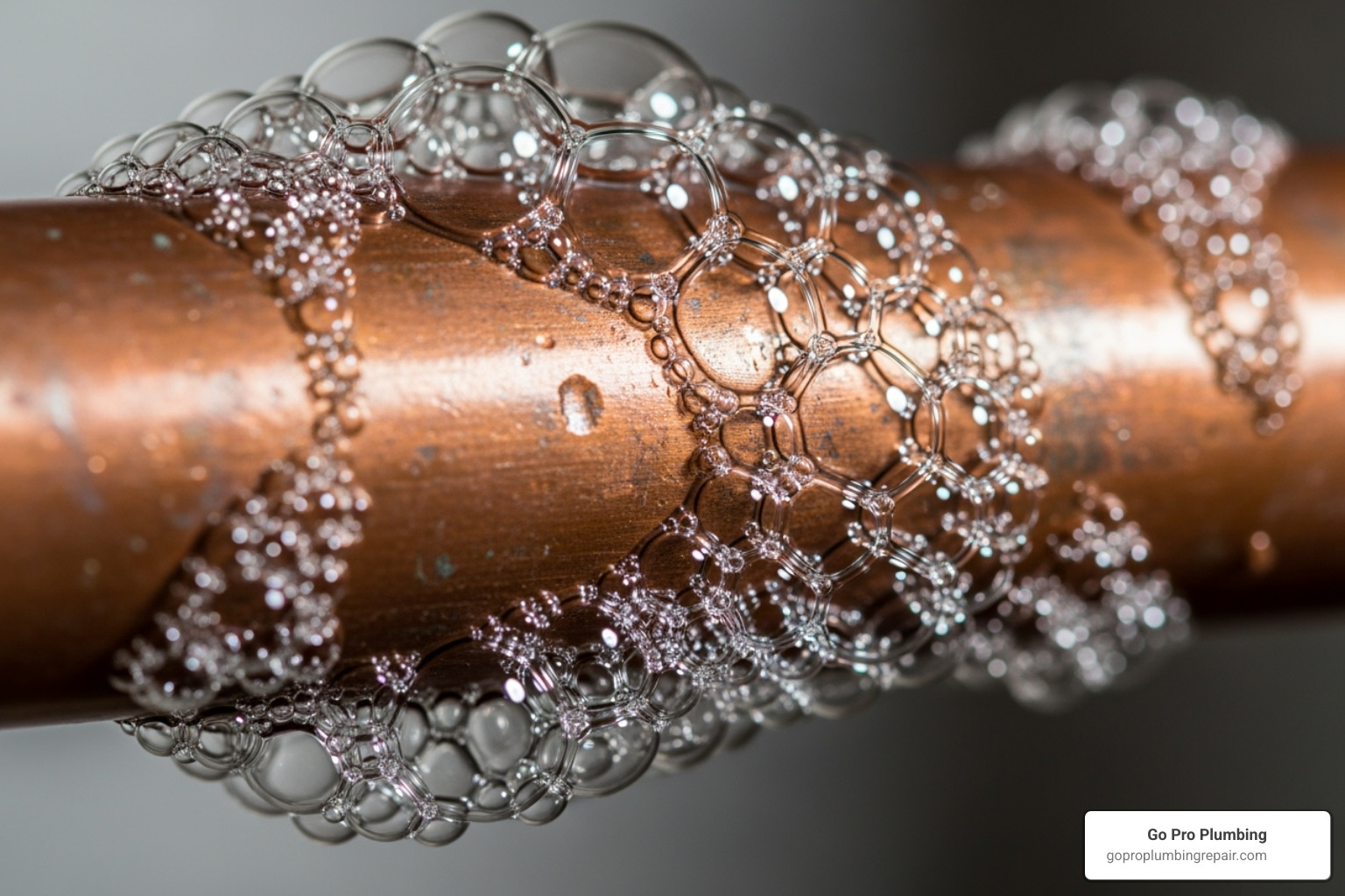 Image of bubbles forming on a copper gas line during a leak test, indicating a gas leak - repair copper gas line
