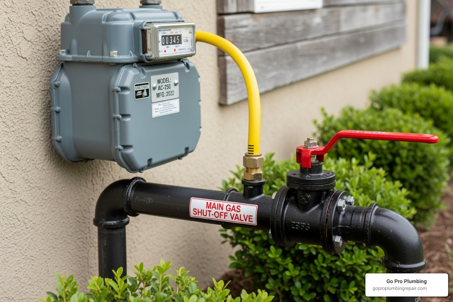 Image of a gas meter with the main shut-off valve highlighted in red, indicating its position for turning off the gas supply - repair copper gas line