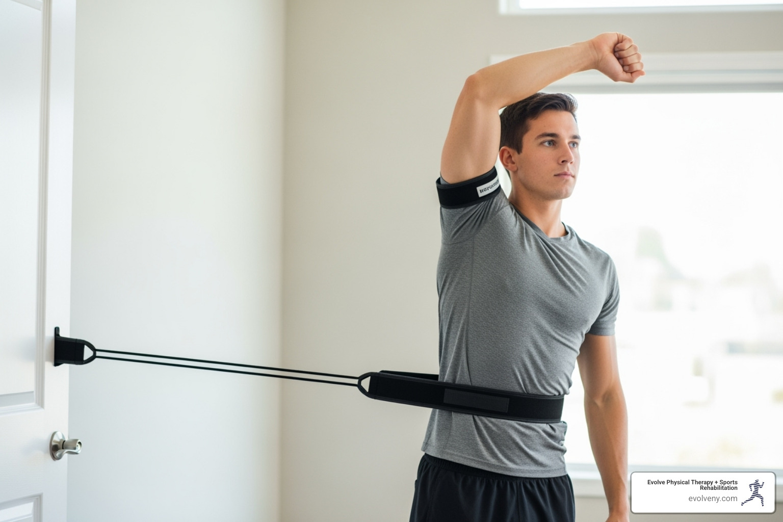 Person using a mobilization belt on their shoulder for self-treatment - how to do mobilization with movement for the shoulder