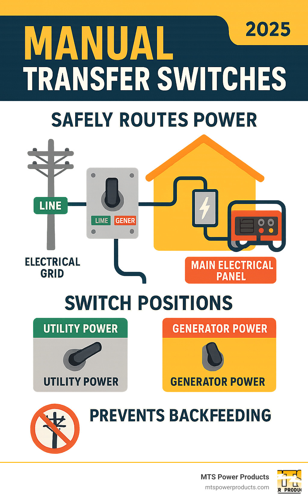 Infographic showing how a manual transfer switch safely routes power from either the electrical grid or a portable generator to a home's main electrical panel, with clear visual indicators showing the switch positions for LINE power versus GENERATOR power, including safety features that prevent backfeeding electricity into utility lines - manual transfer switches infographic 