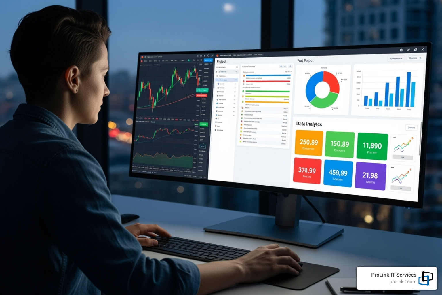 A person evaluating different software options on a screen, with various charts and metrics displayed - cloud computing management software