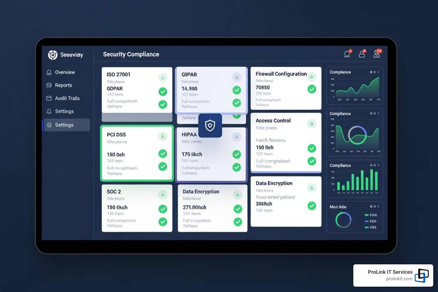 A security compliance dashboard showing green checkmarks for various compliance standards and security checks - cloud computing management software