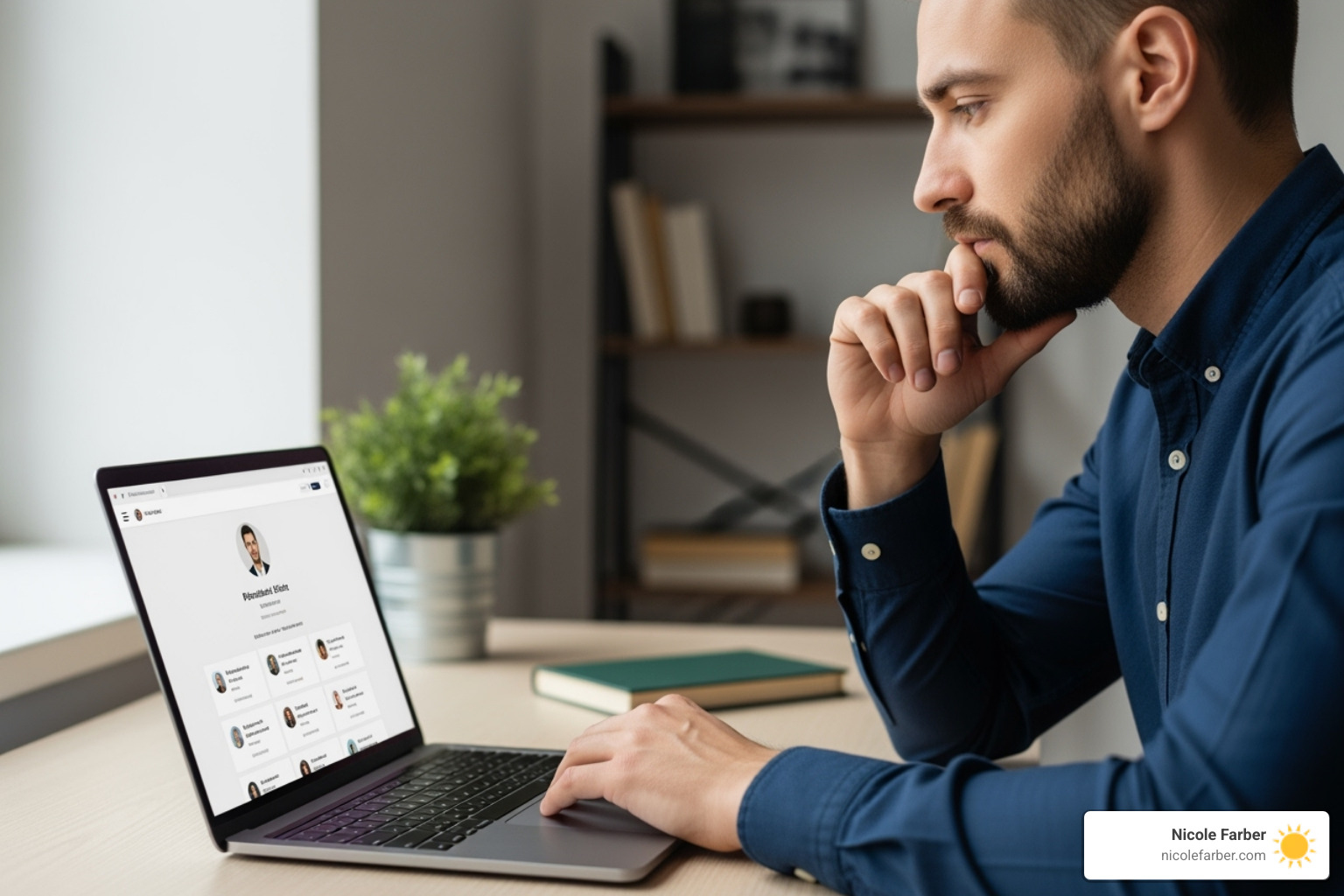 A person thoughtfully browsing professional profiles on a laptop - Business leadership mentor