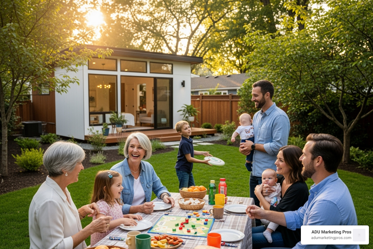 Family enjoying a multi-generational living setup with a modern ADU in the background - ADU builder LA