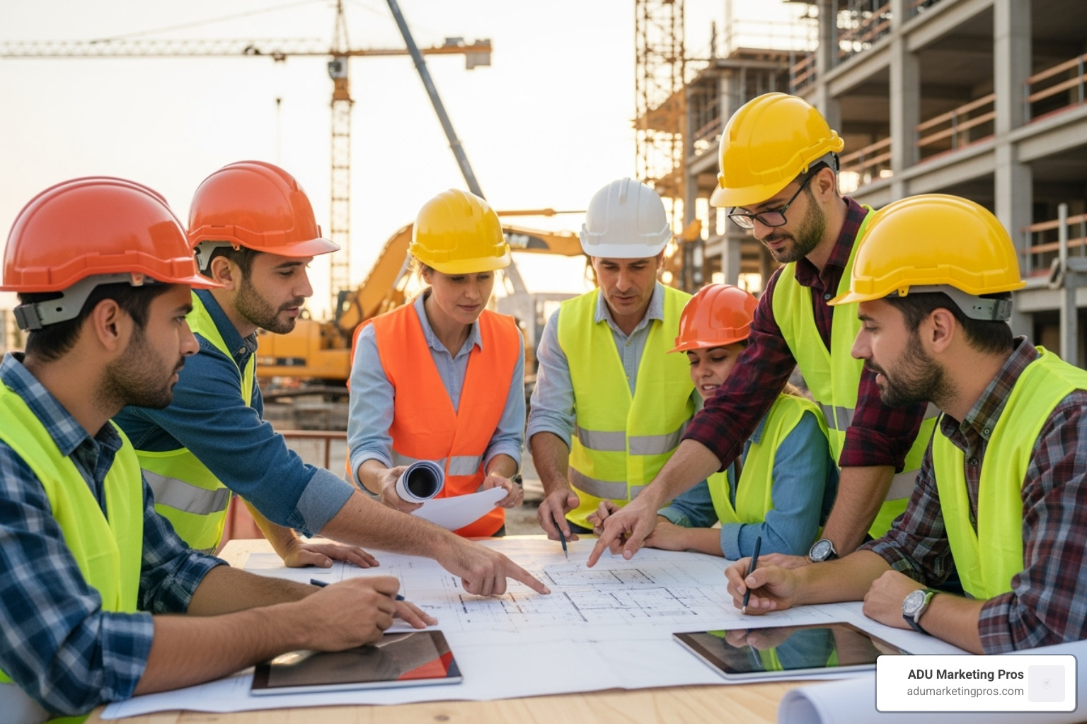 Diverse team of architects and builders collaborating over blueprints on a construction site - ADU builder LA