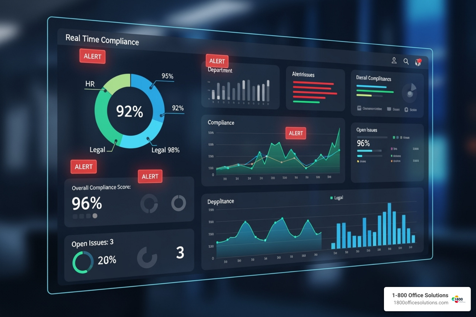 Image of a central dashboard displaying real-time compliance data across different departments, showing metrics, alerts, and reporting tools - compliance process optimization