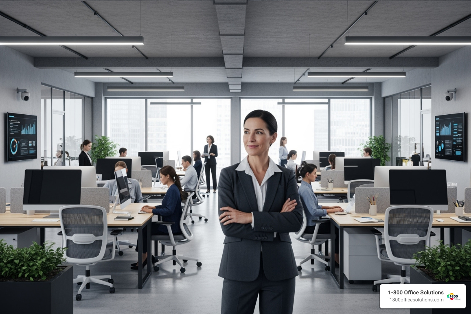 Image of a business leader confidently looking at a secure and efficient office environment, with clean desks, modern technology, and a sense of calm and order - compliance process optimization