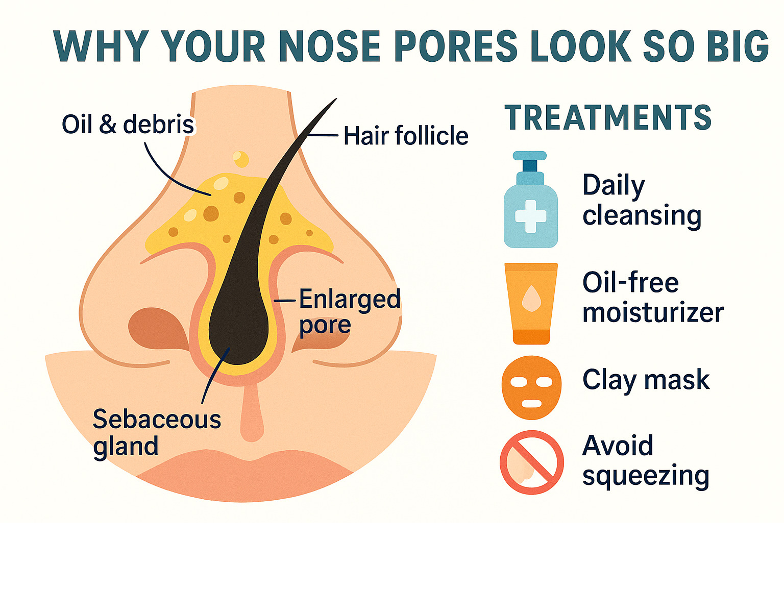 Infographic showing the anatomy of nose pores, including sebaceous glands, hair follicles, and how oil and debris can make pores appear larger, alongside effective treatment methods - best way to reduce pores on nose infographic  Infographic showing the anatomy of nose pores, including sebaceous glands, hair follicles, and how oil and debris can make pores appear larger, alongside effective treatment methods - best way to reduce pores on nose infographic