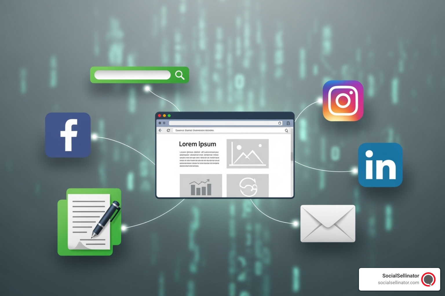 A collage showing various digital marketing channels like SEO, social media management, PPC advertising, content marketing, email marketing, and website design, emphasizing their interconnectedness - best internet marketing company for small business