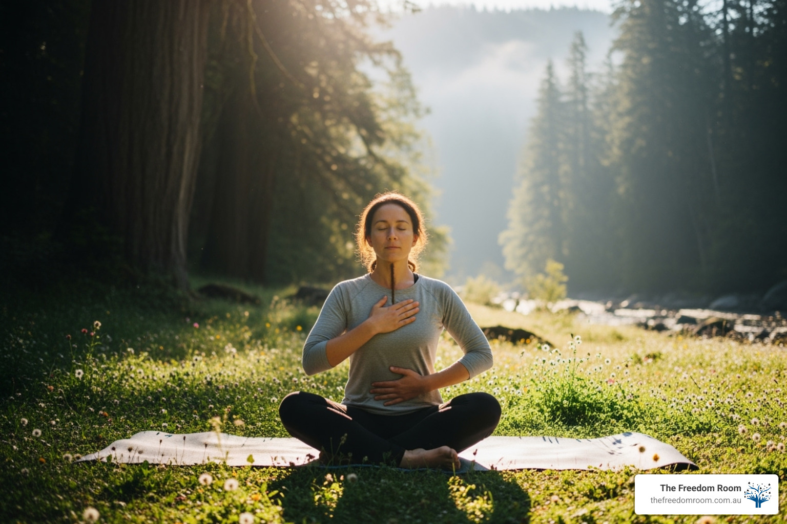 A person sitting calmly in a natural, serene outdoor setting, demonstrating correct posture for diaphragmatic breathing with one hand on their chest and the other on their abdomen - relaxation techniques for anxiety