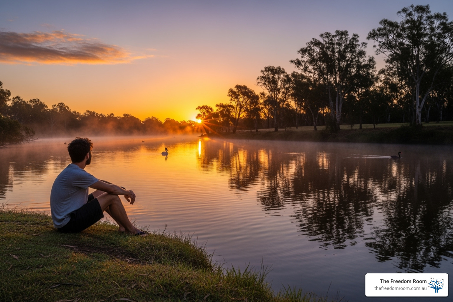 A person sitting calmly by a tranquil Australian river at sunrise, symbolising the interconnectedness of mind and body in healing and recovery - well-being