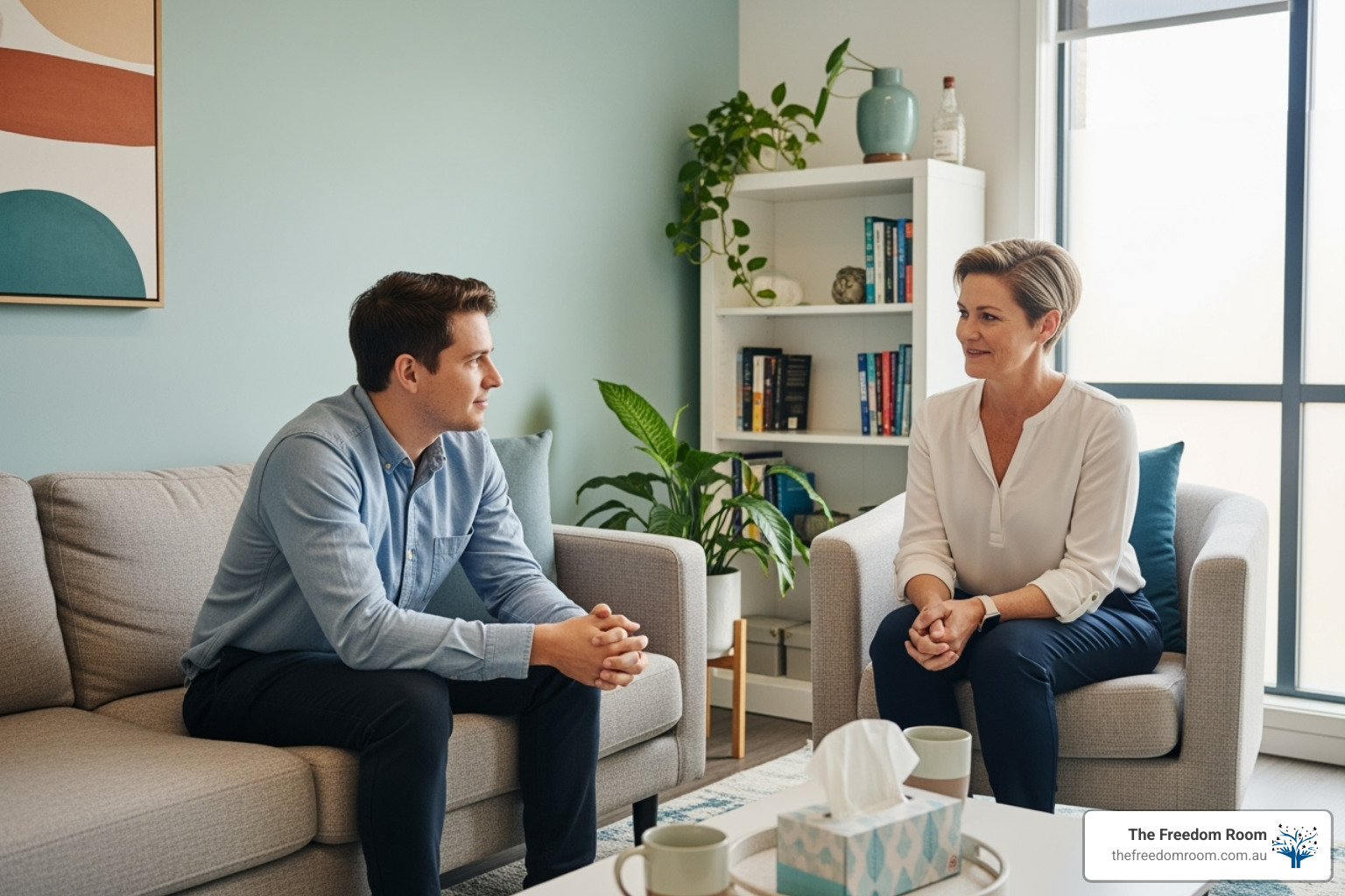 A person sitting comfortably on a couch, engaged in a calm and supportive therapy session with a counsellor in a professional setting, symbolising guidance and healing - well-being
