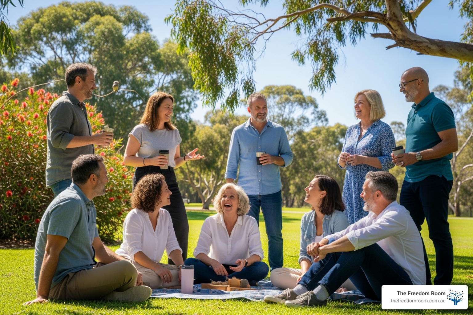 A diverse group of people engaged in a lively conversation in a sunny Australian park, symbolising community connection and healthy relationships - well-being