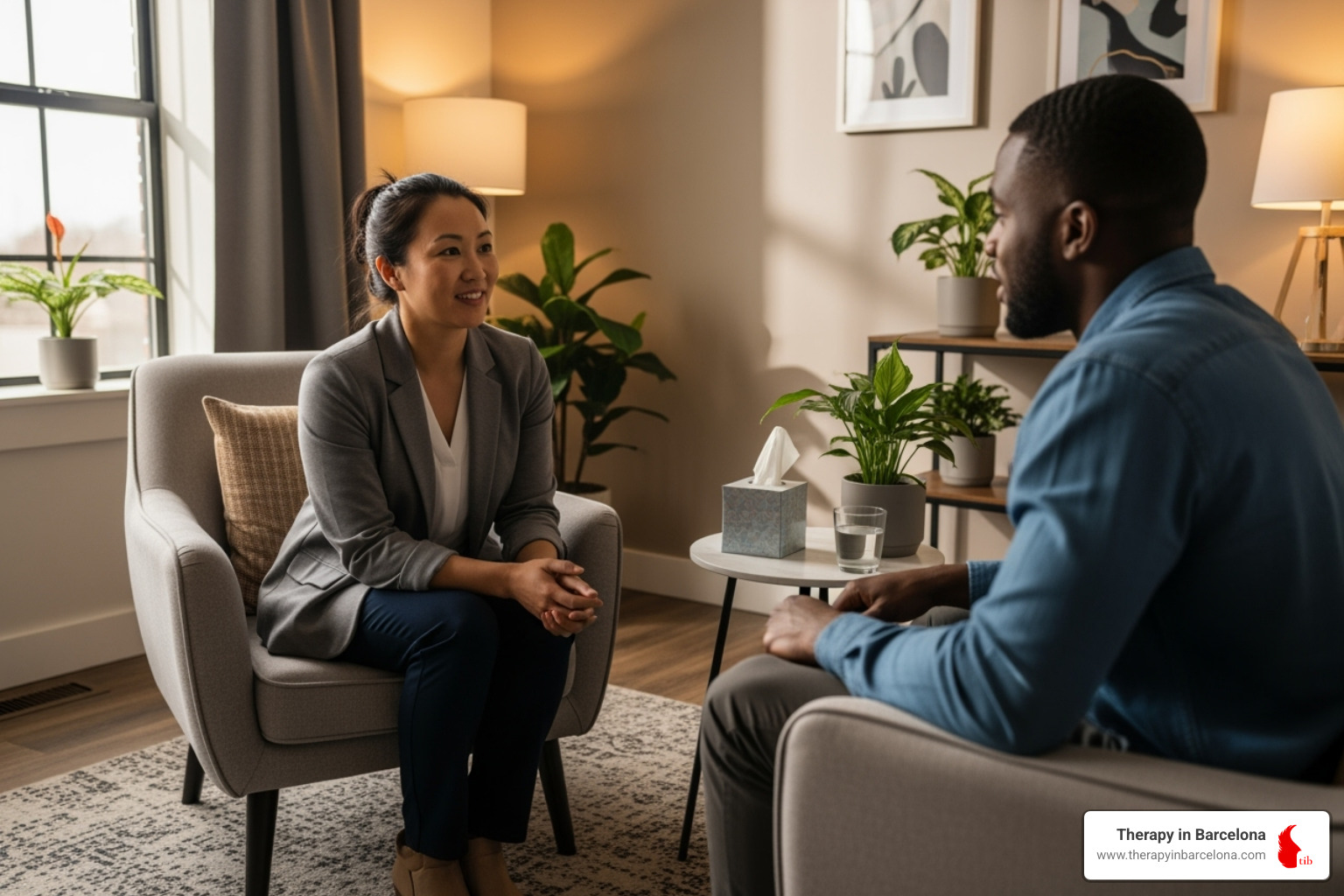 Two people from different backgrounds in a warm, collaborative conversation, showing cultural awareness, humility, empathy, and communication - culturally informed therapy Two people from different backgrounds in a warm, collaborative conversation, showing cultural awareness, humility, empathy, and communication - culturally informed therapy
