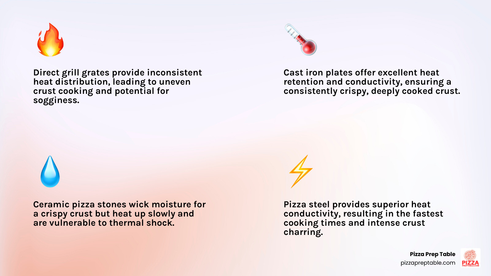 Comparison infographic showing heat transfer differences between direct grilling on grates versus using cast iron plates, pizza stones, and pizza steel, with temperature zones and cooking time differences illustrated - pizza plate for grill infographic 4_facts_emoji_light-gradient
