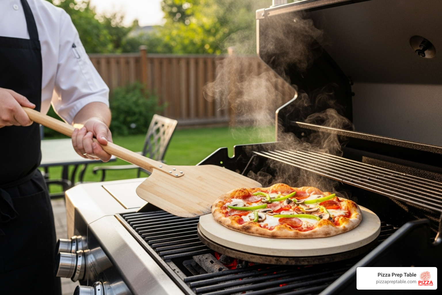 A chef using a long-handled pizza peel to slide a freshly topped pizza onto a hot stone on a grill. - pizza plate for grill