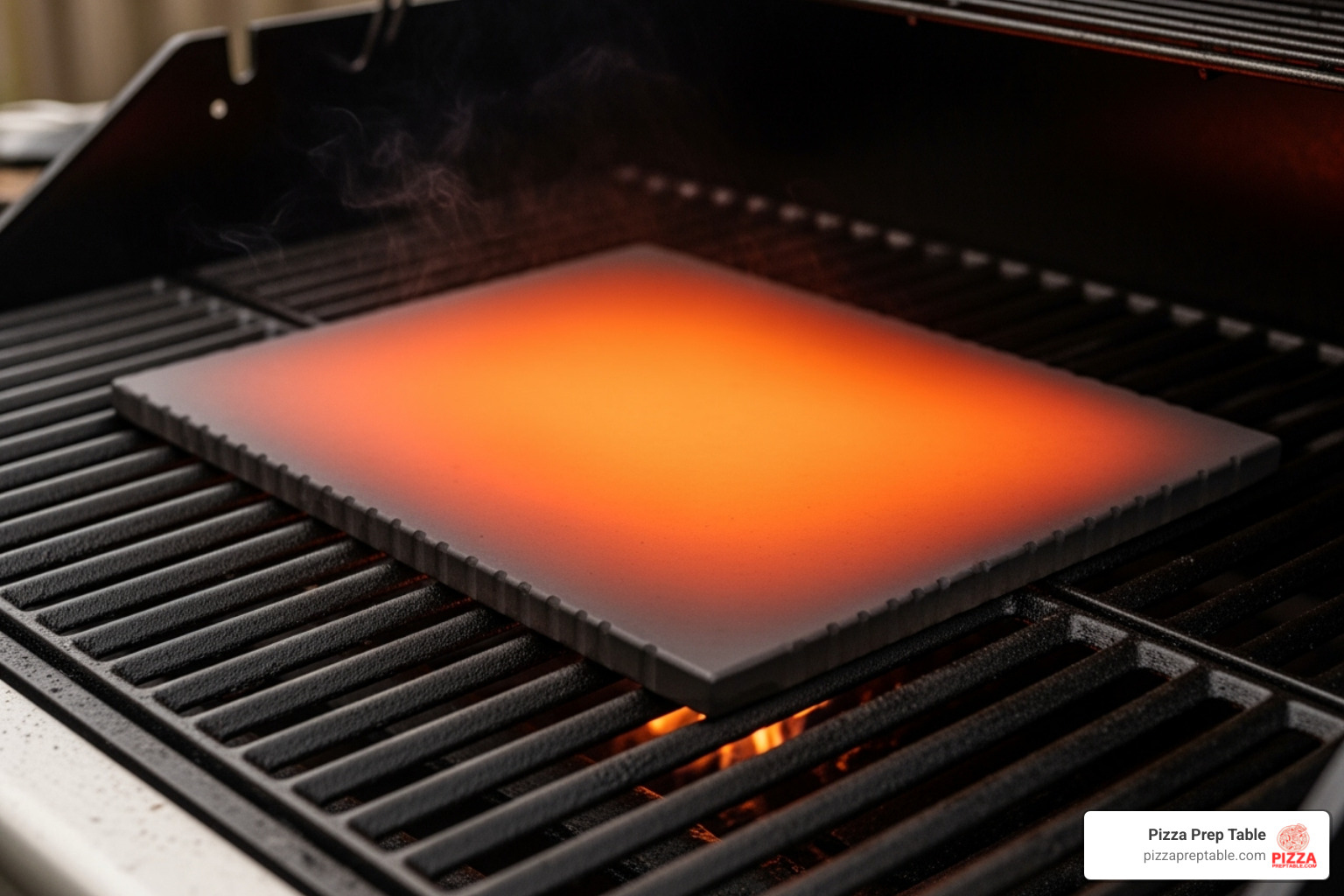 A thick pizza steel glowing orange hot on a grill grates, ready for pizza. - pizza plate for grill