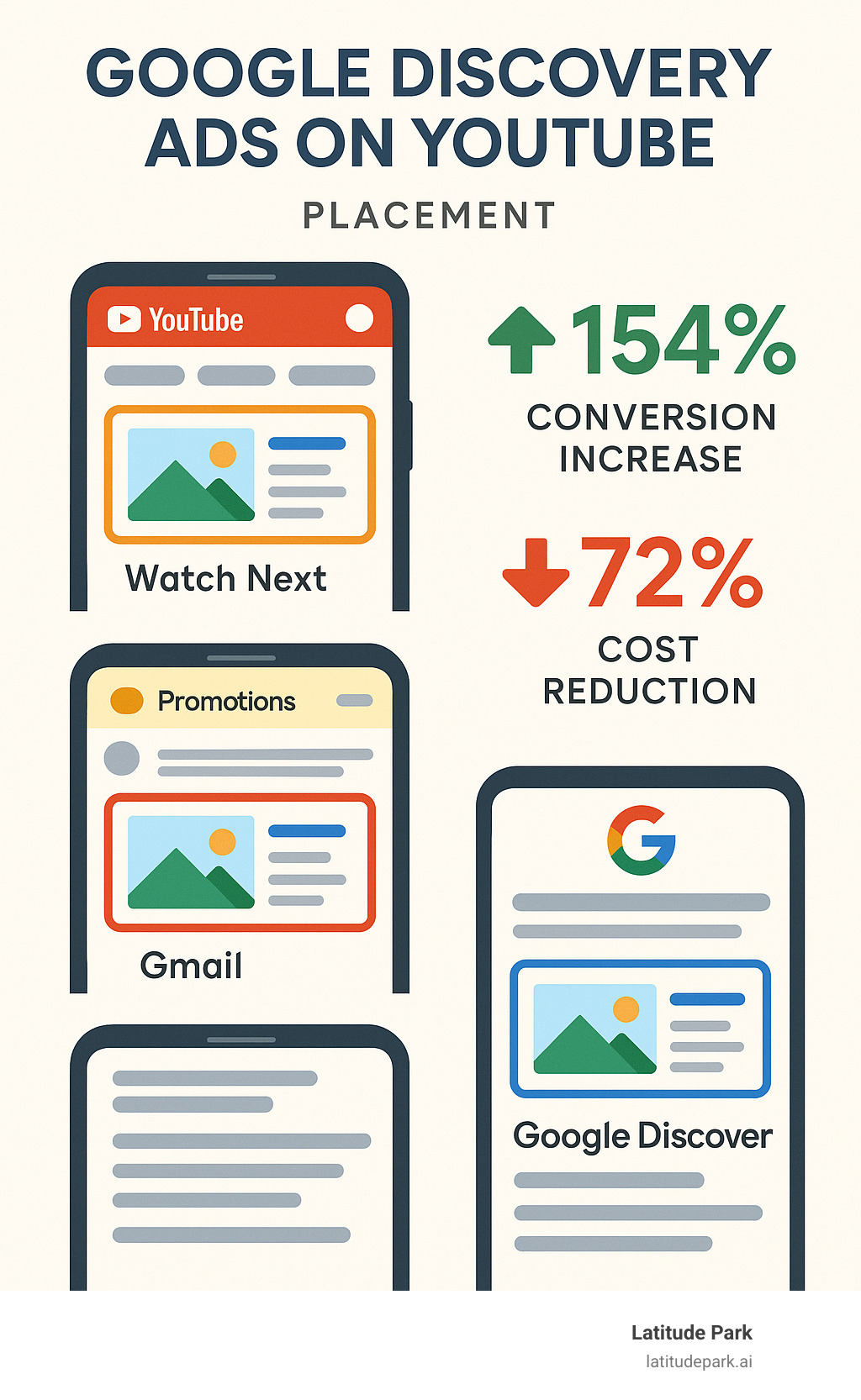 Detailed infographic showing Google Findy Ads placement across YouTube Home feed, Watch Next section, Gmail promotions tab, and Google Find feed, with performance statistics including 154% conversion increase and 72% cost reduction - google findy ads youtube infographic 