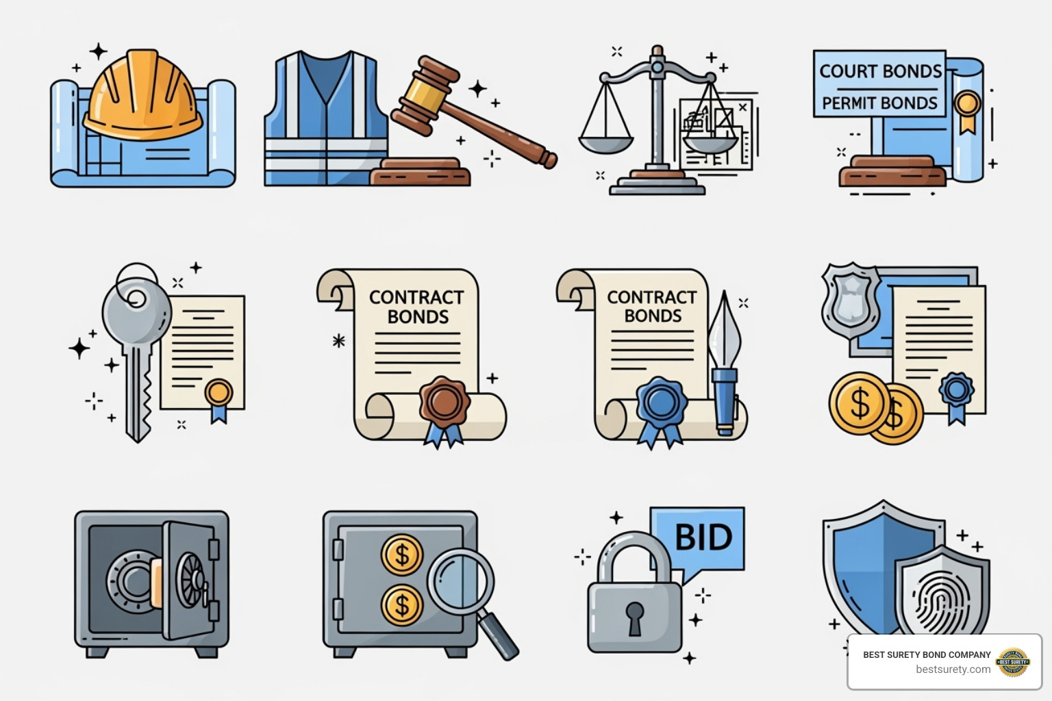 Icons for different bond types like a hard hat for construction and a gavel for court bonds - meaning of suretyship