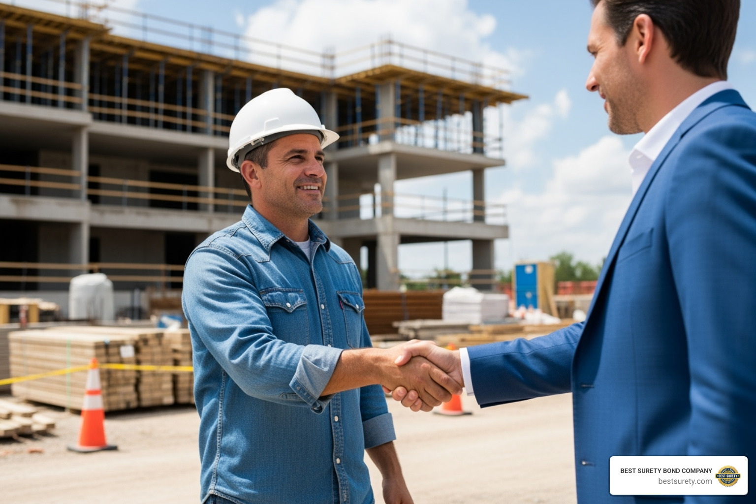 Texas contractor shaking hands with a client on a construction site - meaning of suretyship