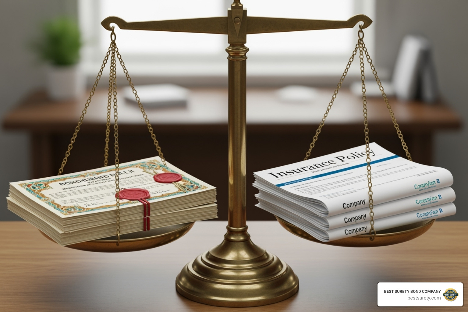 Scale balancing a surety bond and an insurance policy - meaning of suretyship