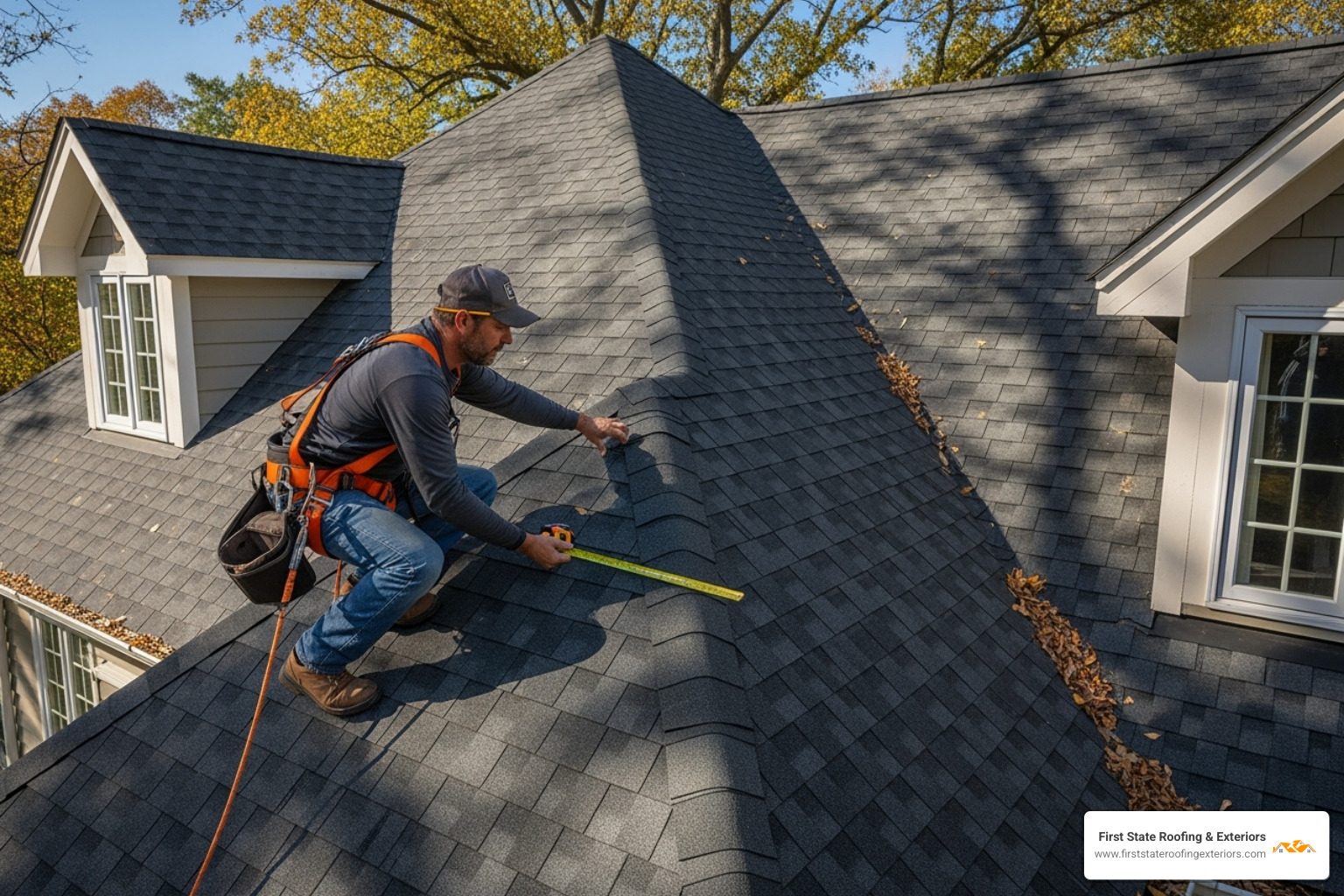 roofer measuring complex roof - roof tile replacement