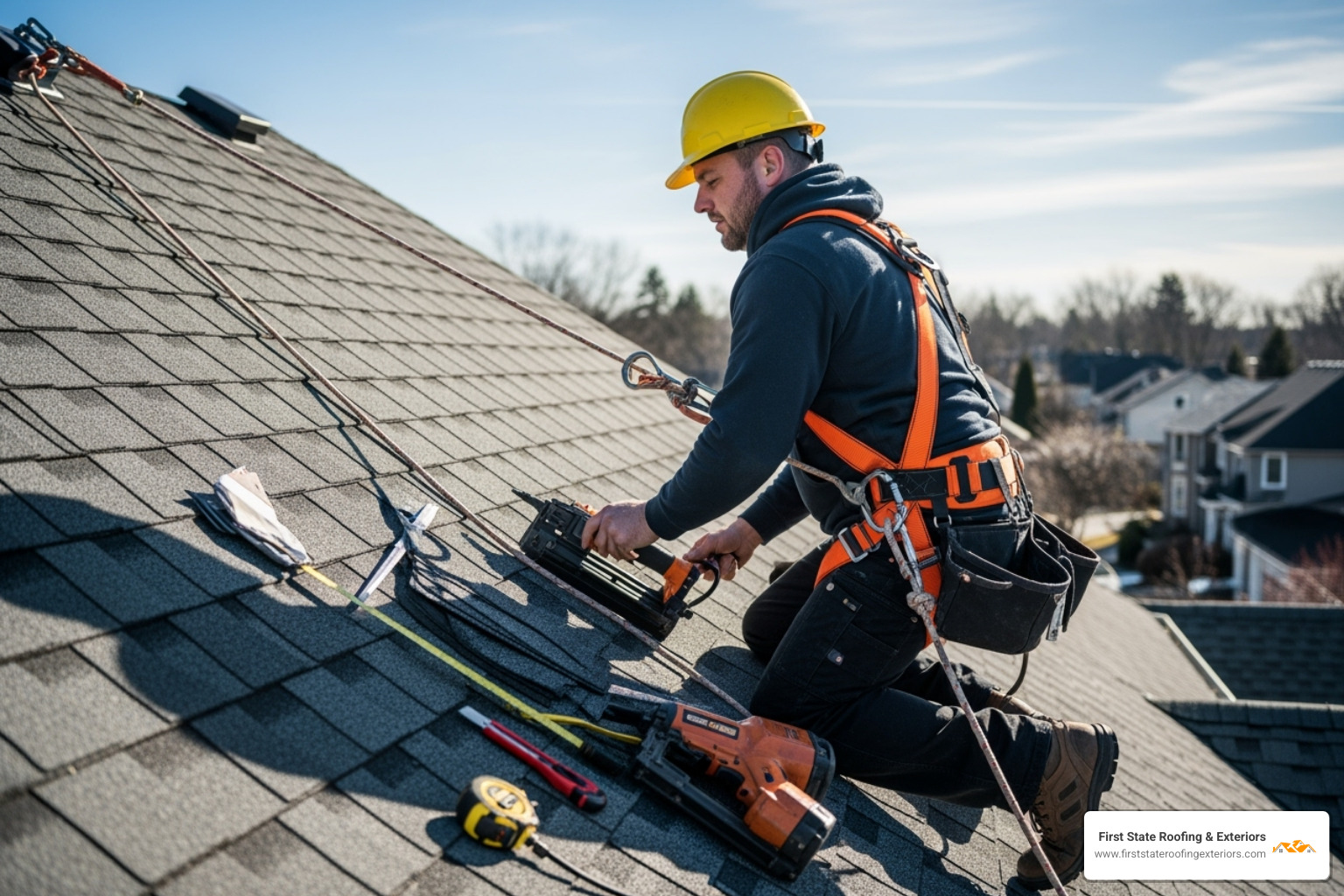professional roofer with safety harness - roof tile replacement